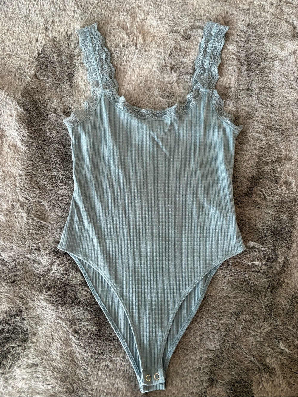 Forever 21 Lace-Trim Ribbed Bodysuit - Light Grayish Green